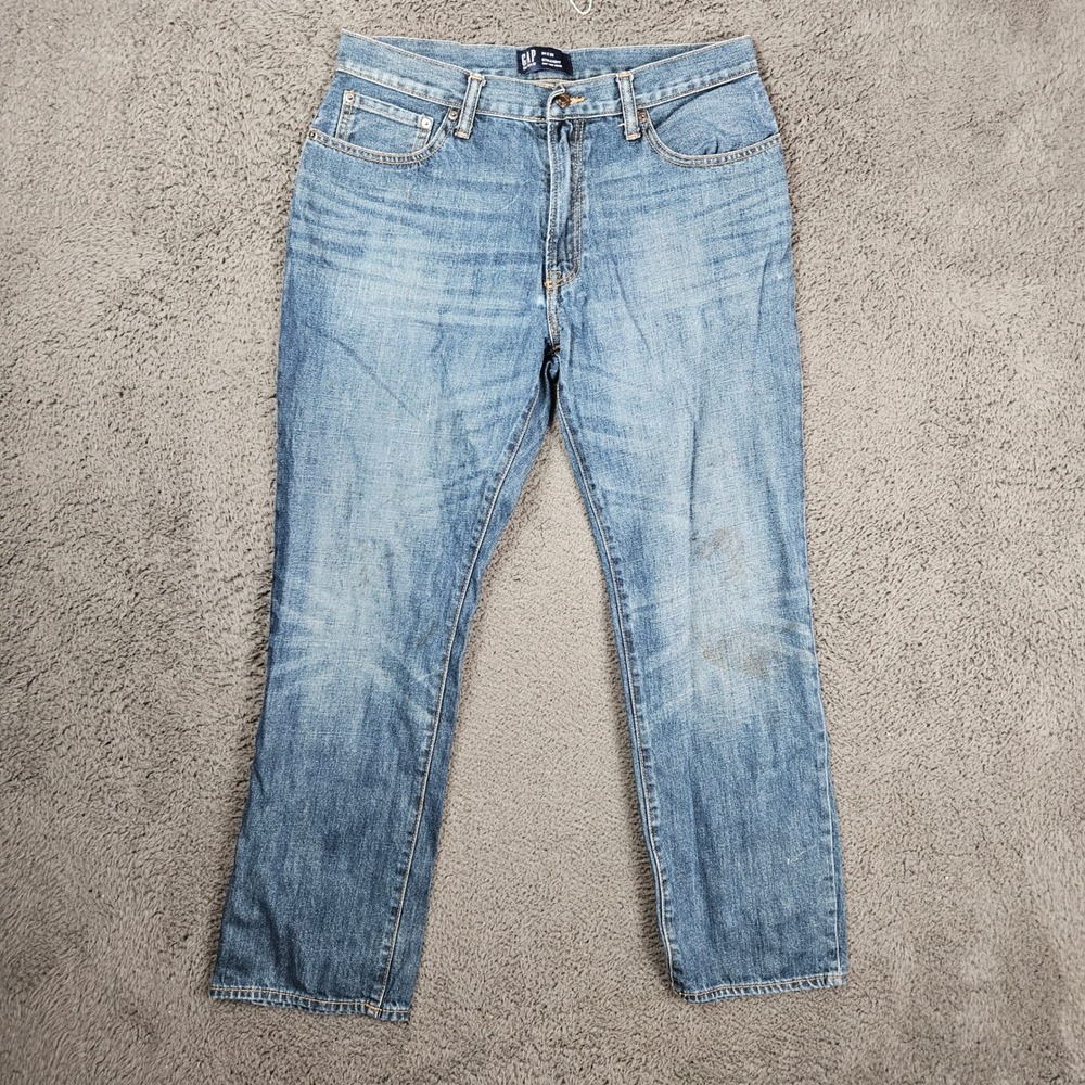 GAP Mens Straight Leg Jeans 34x32 Medium Wash Blue Denim Gap For‎ Good Stained